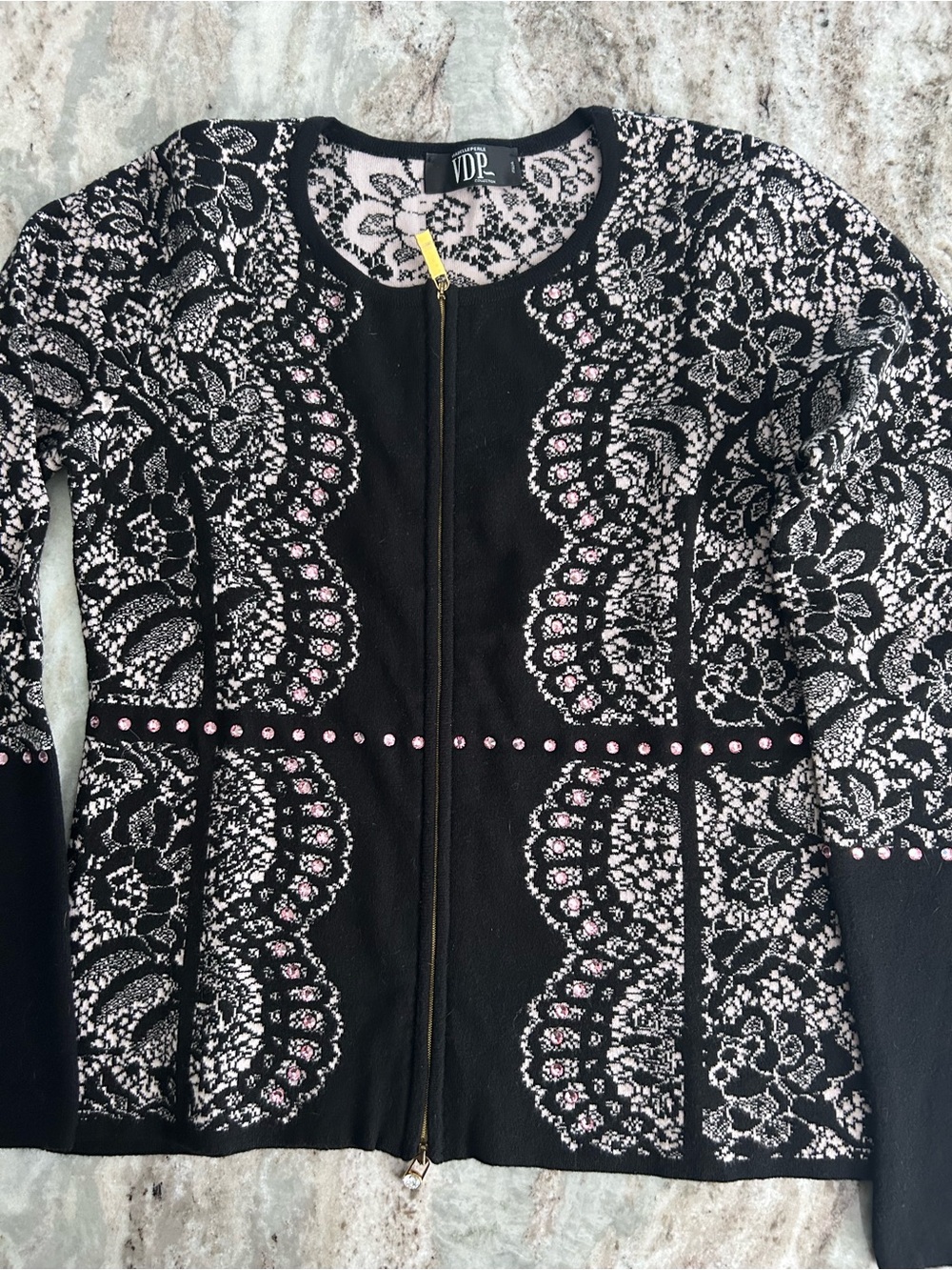 VDP Italian made Black Lace-Pattern Zip-FrontSwarovski crystals Sweater